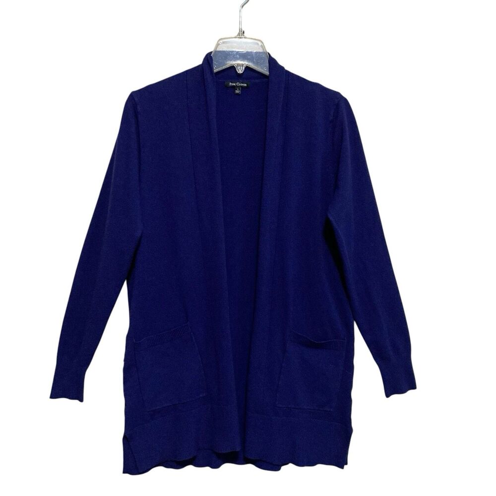 Pink Clover Knit Open Cardigan Womens Sz Large Dark Blue Long Sleeve Pockets